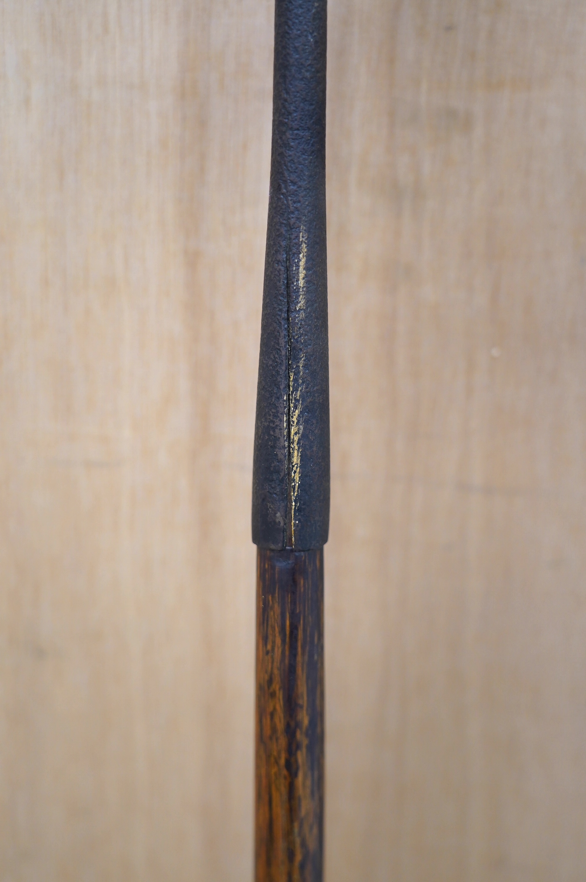 A Maasai spear with iron head, 214cm. Condition - fair, heavily pitted